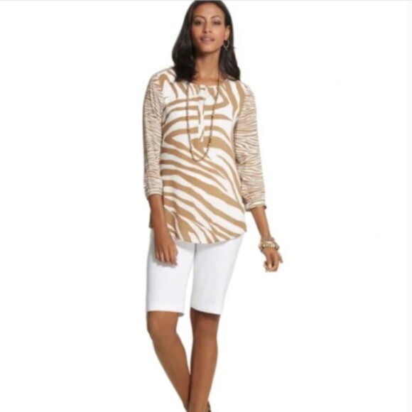 Chico's Zebra Waves Holly Blouse Sz 3(XL/16) White Tan #284P - Picture 2 of 10